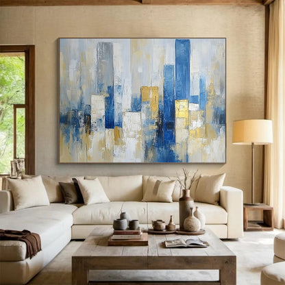 “Minimalist City Abstraction” - Blue, Gray, Gold, Abstract Cityscape HB1137