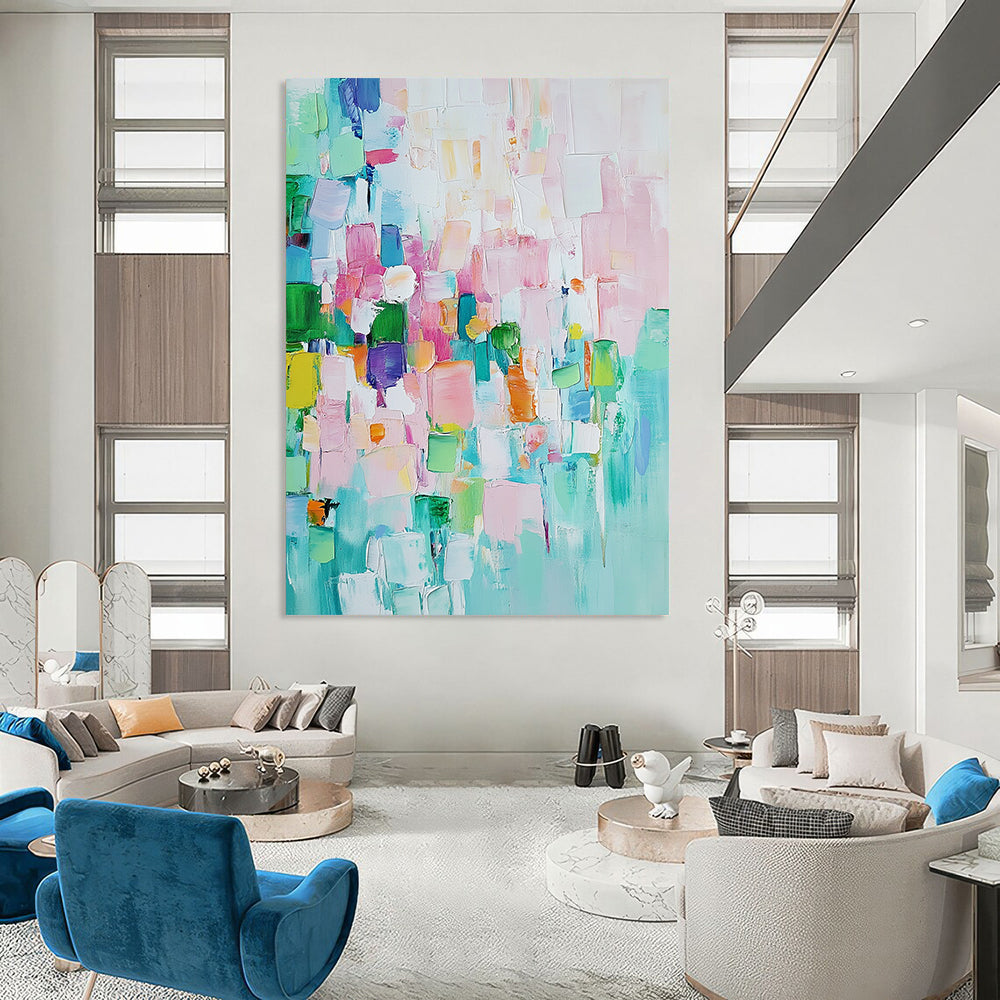 Contemporary hand-painted abstract art featuring pastel colors and textured oil paint showcasing harmonious shapes and contrasting geometric blocks for depth and interest. DLZ0762