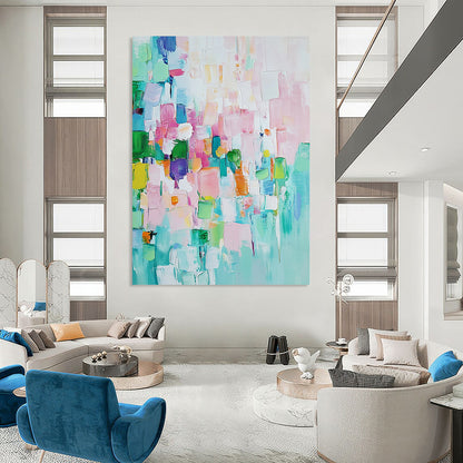 Contemporary hand-painted abstract art featuring pastel colors and textured oil paint showcasing harmonious shapes and contrasting geometric blocks for depth and interest. DLZ0762