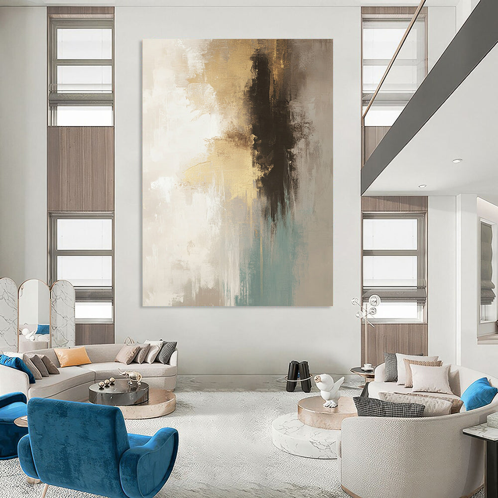 Contemporary hand-painted abstract art in neutral beige and gray tones with teal and gold accents soft brush strokes and atmospheric background. DLZ0760