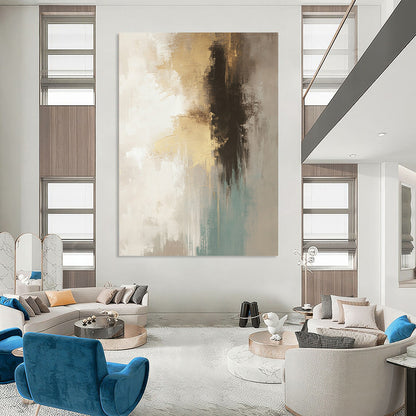 Contemporary hand-painted abstract art in neutral beige and gray tones with teal and gold accents soft brush strokes and atmospheric background. DLZ0760