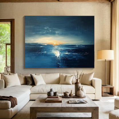 “Dark Blue Sunset Seascape” - Dark Blue, Orange, White, Dramatic Seascape Painting On Canvas HB1012