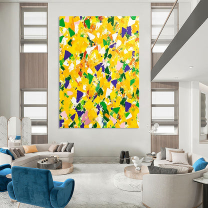 Contemporary hand-painted abstract artwork featuring vibrant yellow and green with purple accents, dynamic shapes, and energetic brushstrokes for a joyful atmosphere. DLZ1505