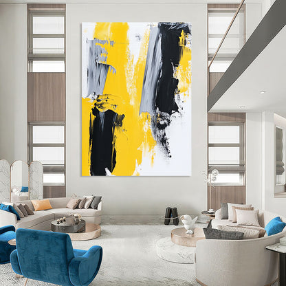 Large contemporary hand-painted abstract art featuring thick brush strokes in yellow and grey on a white background reflecting minimalism and modern expression. DLZ0774