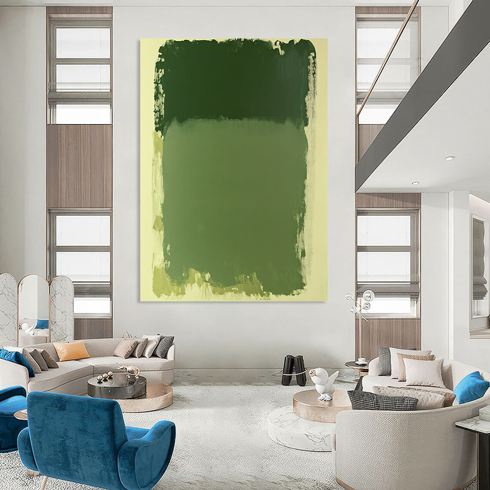 Contemporary abstract painting in green hues featuring a large rectangular shape on a serene white background. Perfect for modern aesthetics. DLZ1656