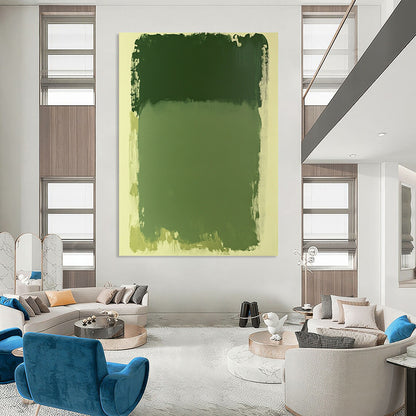 Contemporary abstract painting in green hues featuring a large rectangular shape on a serene white background. Perfect for modern aesthetics. DLZ1656