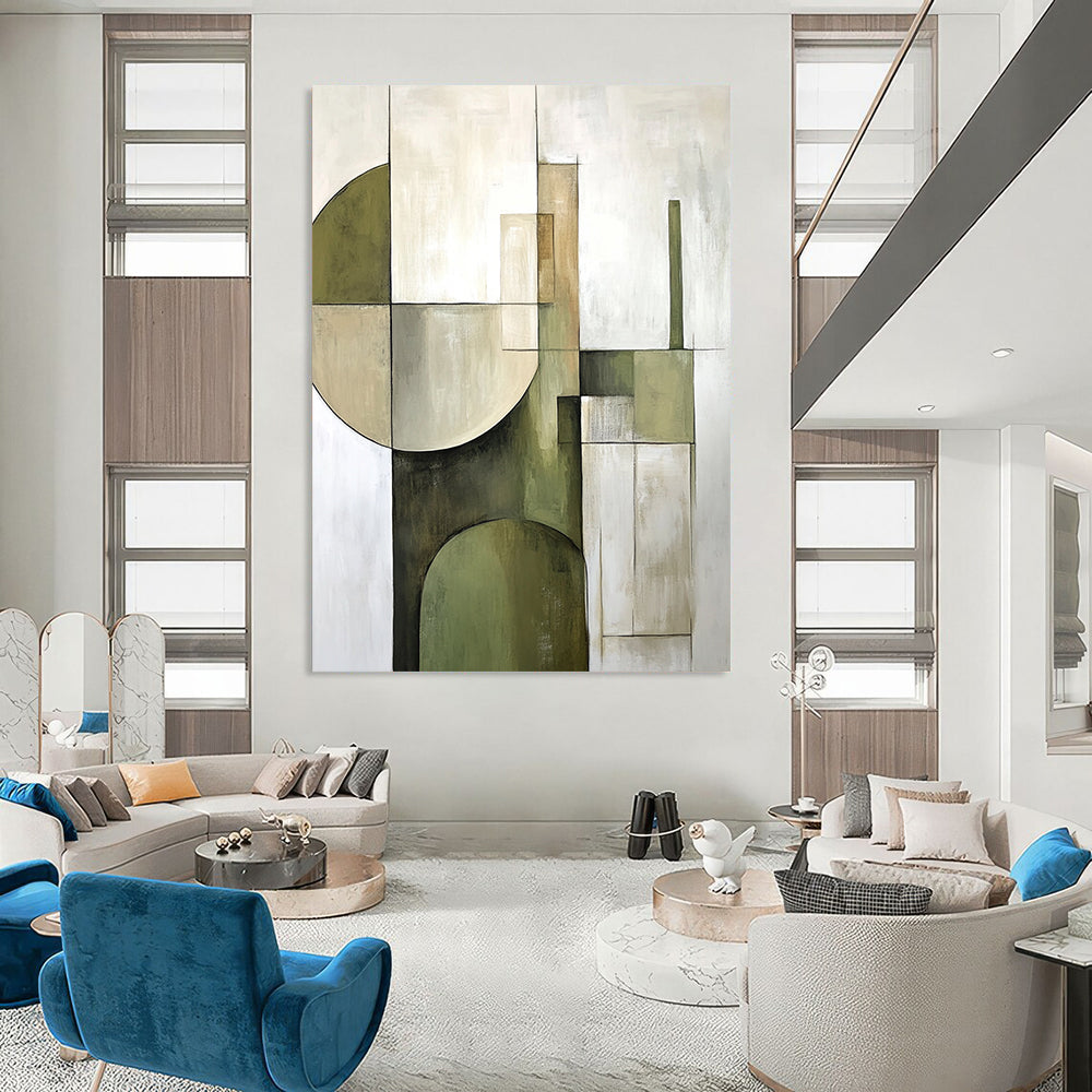 Large contemporary hand-painted abstract artwork featuring soft sage green and beige geometric shapes on a white background for modern decor enthusiasts. DLZ1059