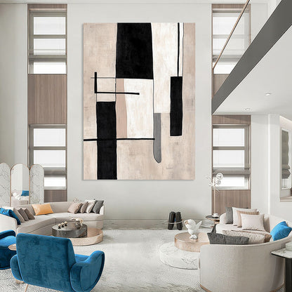 Contemporary hand-painted abstract artwork featuring minimalist black and white lines and simple shapes on a beige background. DLZ1394