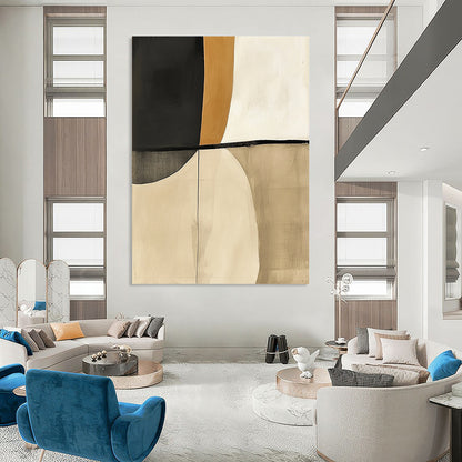Contemporary hand-painted abstract artwork featuring beige and white tones with striking black accents resembling elegant shapes inspired by shoulder pads. DLZ1258