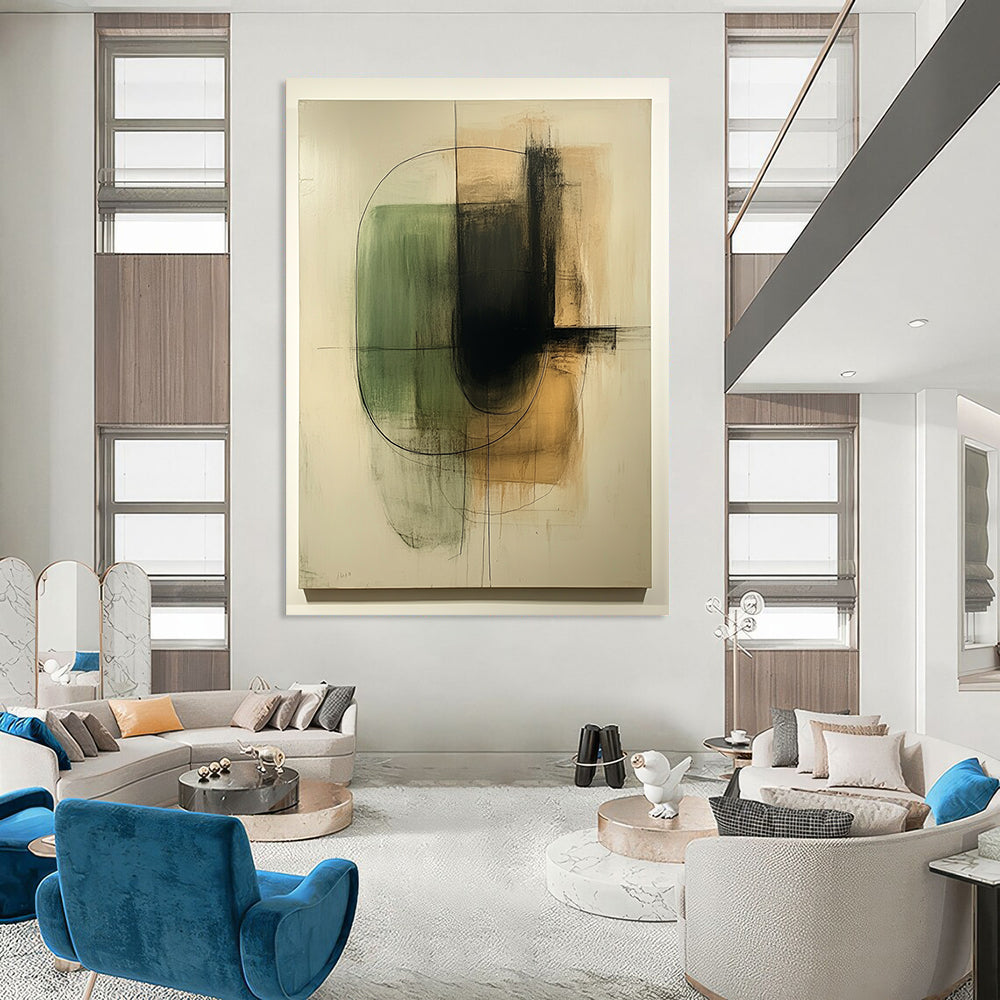 Contemporary hand-painted abstract art featuring organic shapes in green and beige on a textured white canvas with thin black lines and earth tones. DLZ1582