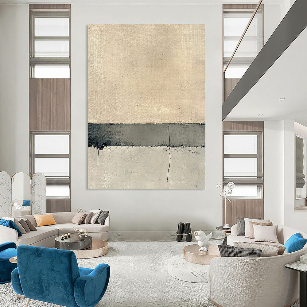 Contemporary hand-painted abstract art featuring the serene intersection of concrete and sand in neutral tones and subtle textural variations. DLZ1357