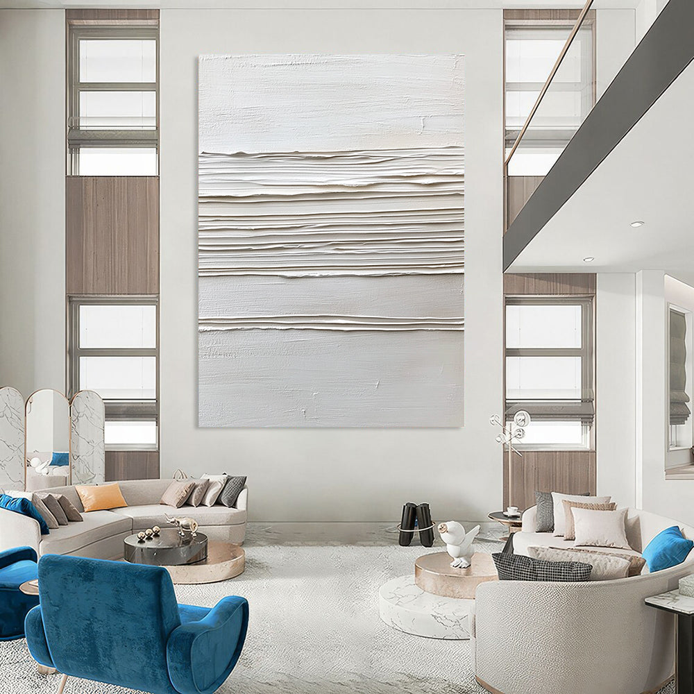 Contemporary abstract artwork featuring a white background with textured cream lines, celebrating minimalist style and dynamic brushstrokes in thick impasto. DLZ1738