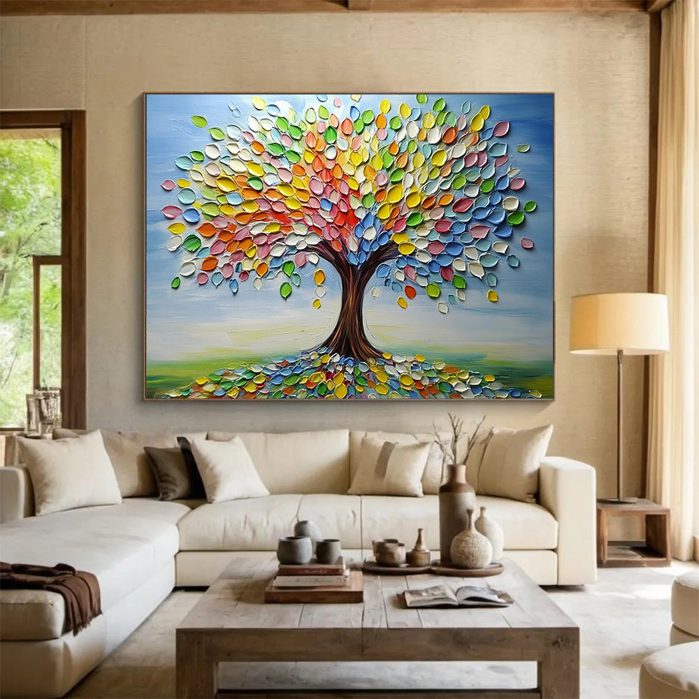 “Colorful Palette Tree” - Blue sky, multicolor leaves, textured trunk, 3D - Like Tree Painting On Canvas HB0593
