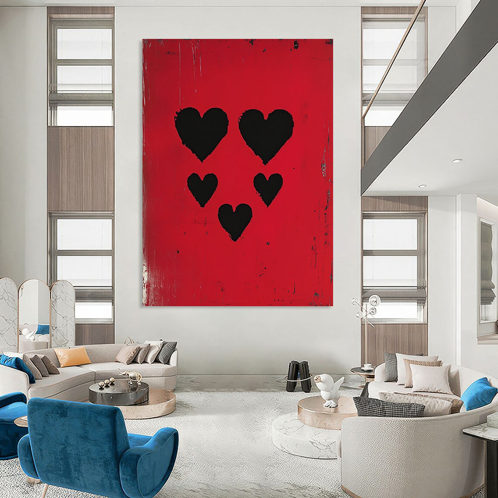 Contemporary abstract artwork featuring three black hearts against a vibrant red background, inspired by pop art and modern portraiture. DLZ1712
