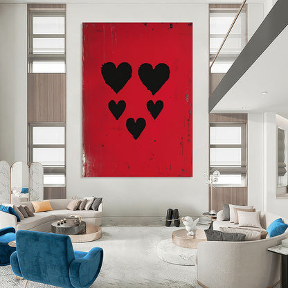 Contemporary abstract artwork featuring three black hearts against a vibrant red background, inspired by pop art and modern portraiture. DLZ1712