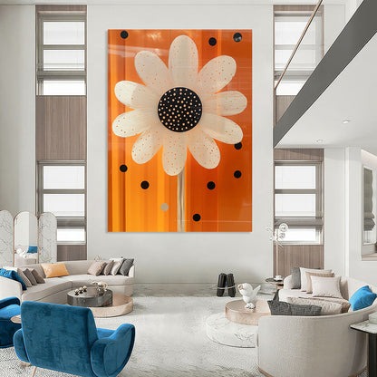 Contemporary abstract art features a white daisy with black dots and a shiny glass-like center on an orange background with polka dot accents. DLZ1512