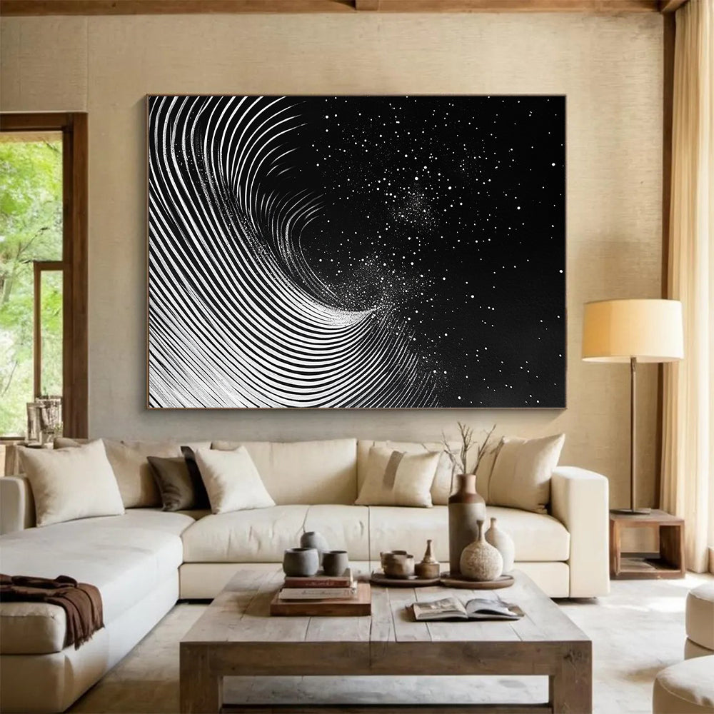 Black & White Swirling Lines & Dots - “Celestial Ink Vortex” Painting On Canvas HB227