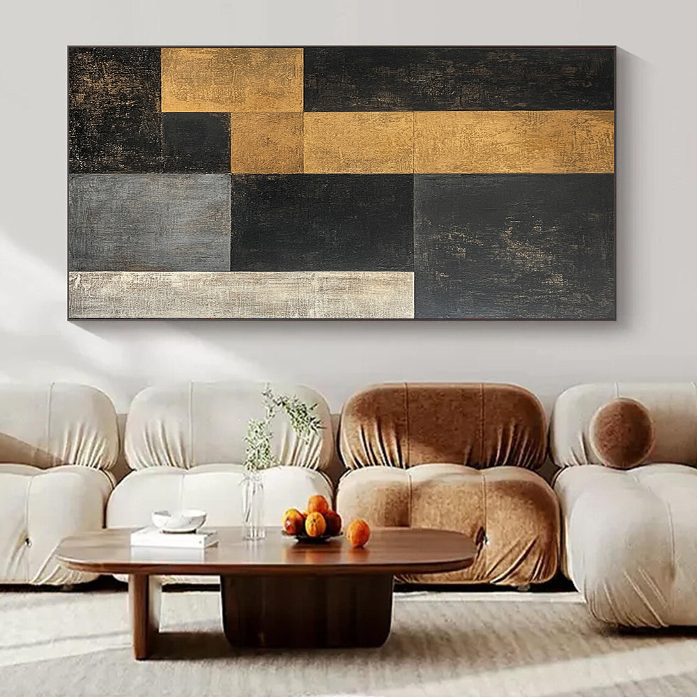 Black, Gold, Gray with Interlocking Squares "Modern Mosaic" Abstract Painting On Canvas HB003