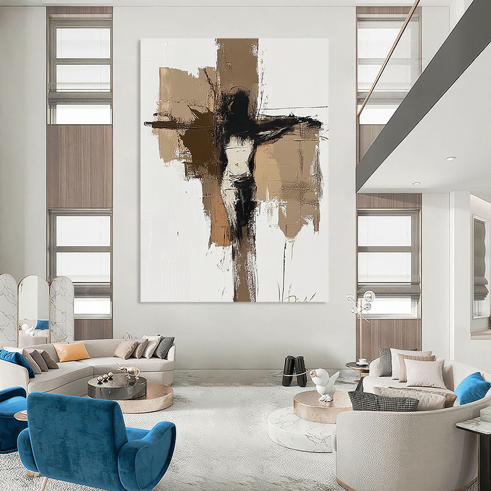 Contemporary abstract painting featuring earthy tones with a minimalist depiction of Jesus on the cross on a white background. DLZ0872