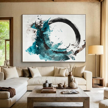 Black, White, Teal, Brown, Splattered Circle "Colorful Enso" Abstract Expressionist Painting On Canvas HB094