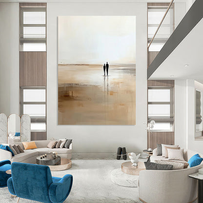 Contemporary abstract artwork depicting two figures strolling on the beach in soft beige and white hues creating a serene minimalist ambiance. DLZ0663