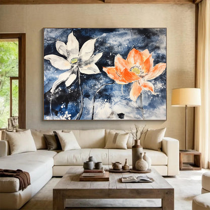 “Lotus Flowers In Blue” - Blue, White, Orange, Ink - Wash Floral Painting On Canvas HB0680