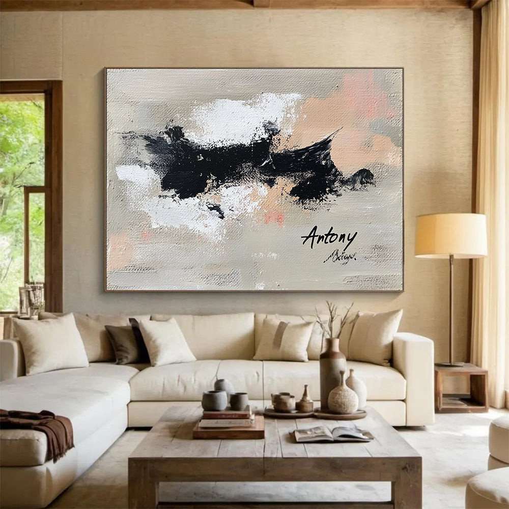 “Abstract Black Splatters” - Black, white, beige, pink, Abstract Expressionist Painting HB0621