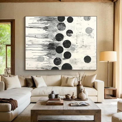 Black, Gray & White Dripping Dots - “Urban Raindrop Rhythm” Painting On Canvas HB191