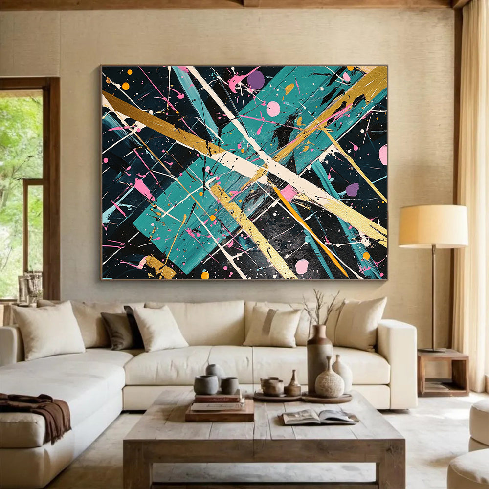Dark Green, Gold, Pink, White, Geometric Splashes "Eclectic Fusion" Abstract Painting On Canvas HB030