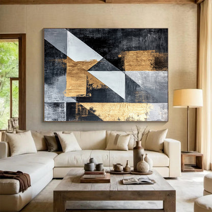 Dark Gray, Gold, Light Gray, White with Angular Shapes "Dynamic Geometry" Abstract Painting On Canvas HB013