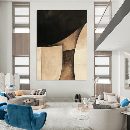 Contemporary hand-painted abstract art features minimalist Japandi style with beige and brown shapes on a black background and soft watercolor washes. DLZ1611