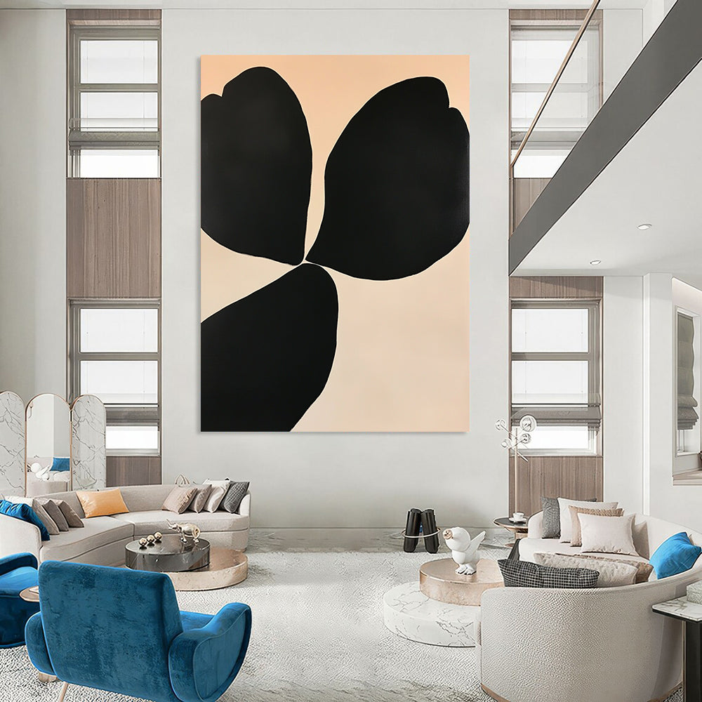 Large contemporary abstract painting featuring elegant floral shapes in black and white on an off-white background with subtle color gradients for depth. DLZ1339