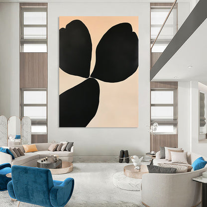 Large contemporary abstract painting featuring elegant floral shapes in black and white on an off-white background with subtle color gradients for depth. DLZ1339