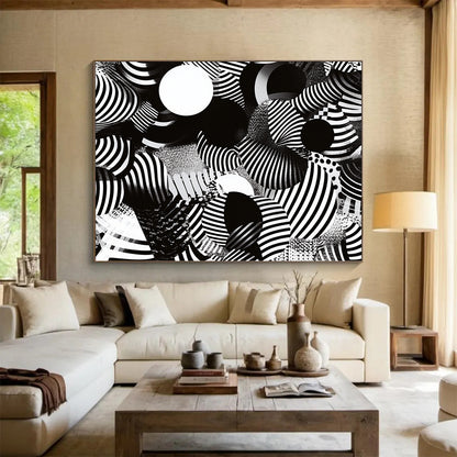 Black, White, Striped Spheres "Optical Illusion Spheres" Abstract Op - Art Painting On Canvas HB174
