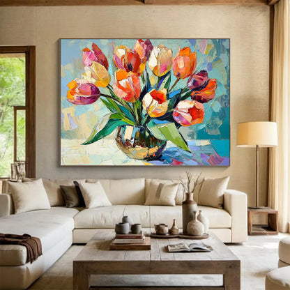 “Colorful Tulip Vase” - Vivid Oranges, Pinks, Purples, Lively Tulip Arrangement - Cubist - Inspired Oil Painting HB1723