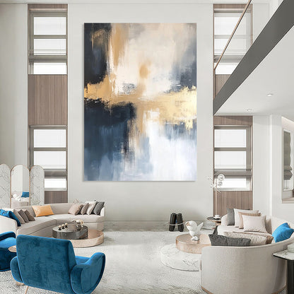 Contemporary hand-painted abstract art featuring gold, white, blue, black, and gray tones on a soft white background, perfect for modern decor. DLZ0436