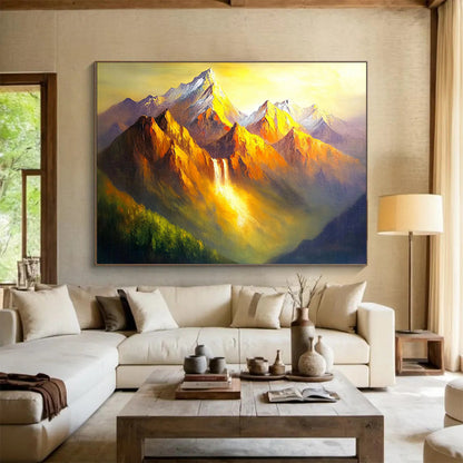 “Golden Mountain Waterfall” - Oranges, Yellows, Greens, Mountain with Waterfall in Golden Light - Dramatic Oil Painting HB1712