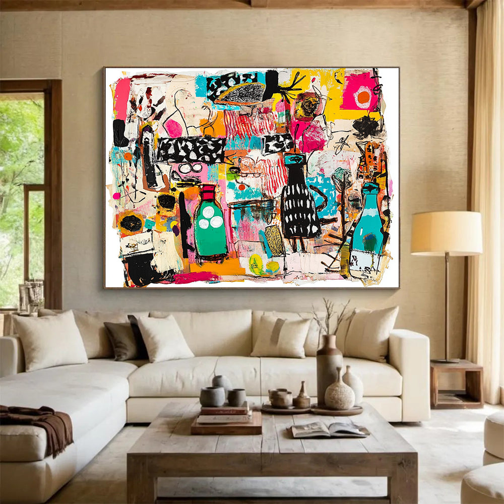 “Colorful Collage Chaos” - Multicolor, Abstract Objects, Collage - like - Mixed Media Painting HB1483