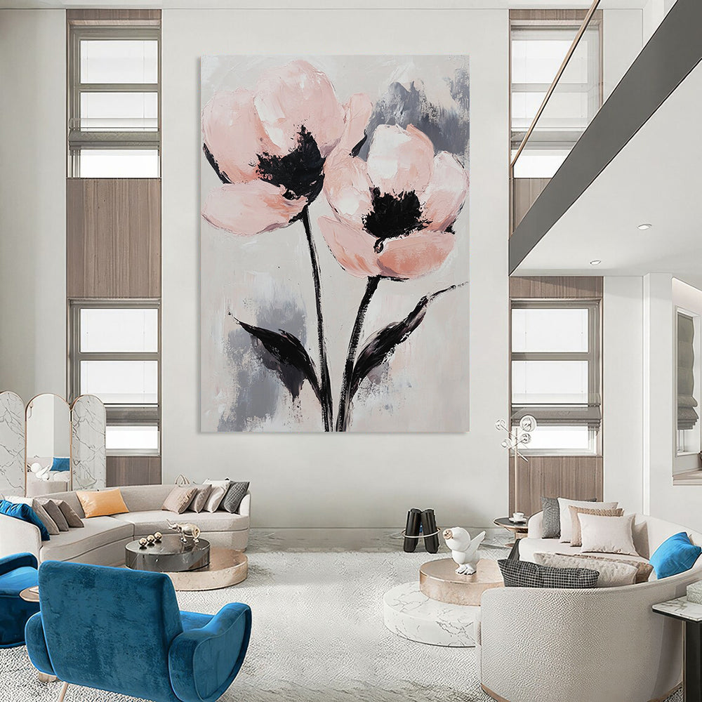 Contemporary abstract painting featuring elegant pink and gray flowers with long stems on a textured canvas background, exuding tranquility and intricate detail. DLZ1685
