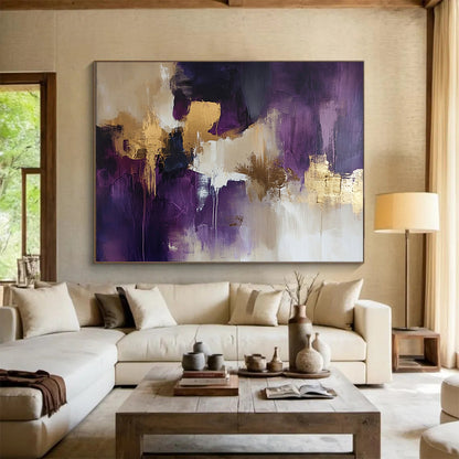 “Purple Gold Abstract” - Purple, Gold, Beige, White, Flowing Forms - Painting On Canvas HB1420