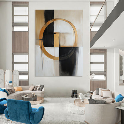 Contemporary hand-painted abstract art featuring shapes and lines in beige, white, black, grey, and gold with a prominent central circle. DLZ0893
