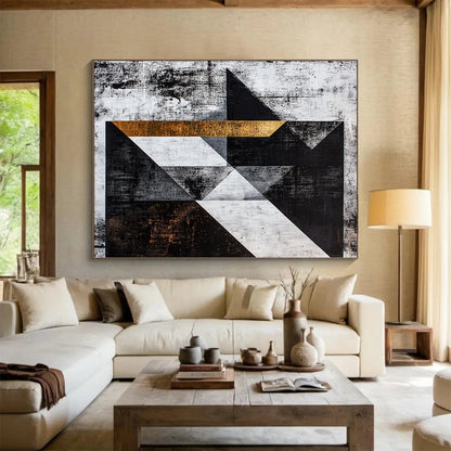 Black, White, Gray, Gold, Textured Triangles "Gilded Edges" Abstract Cubist - Inspired Painting On Canvas HB109