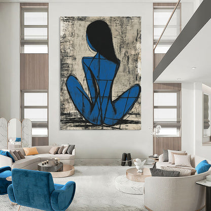 Contemporary abstract painting featuring a blue female figure in Picasso style sitting gracefully with thick lines and simple shapes on a grayish-blue background. DLZ1156