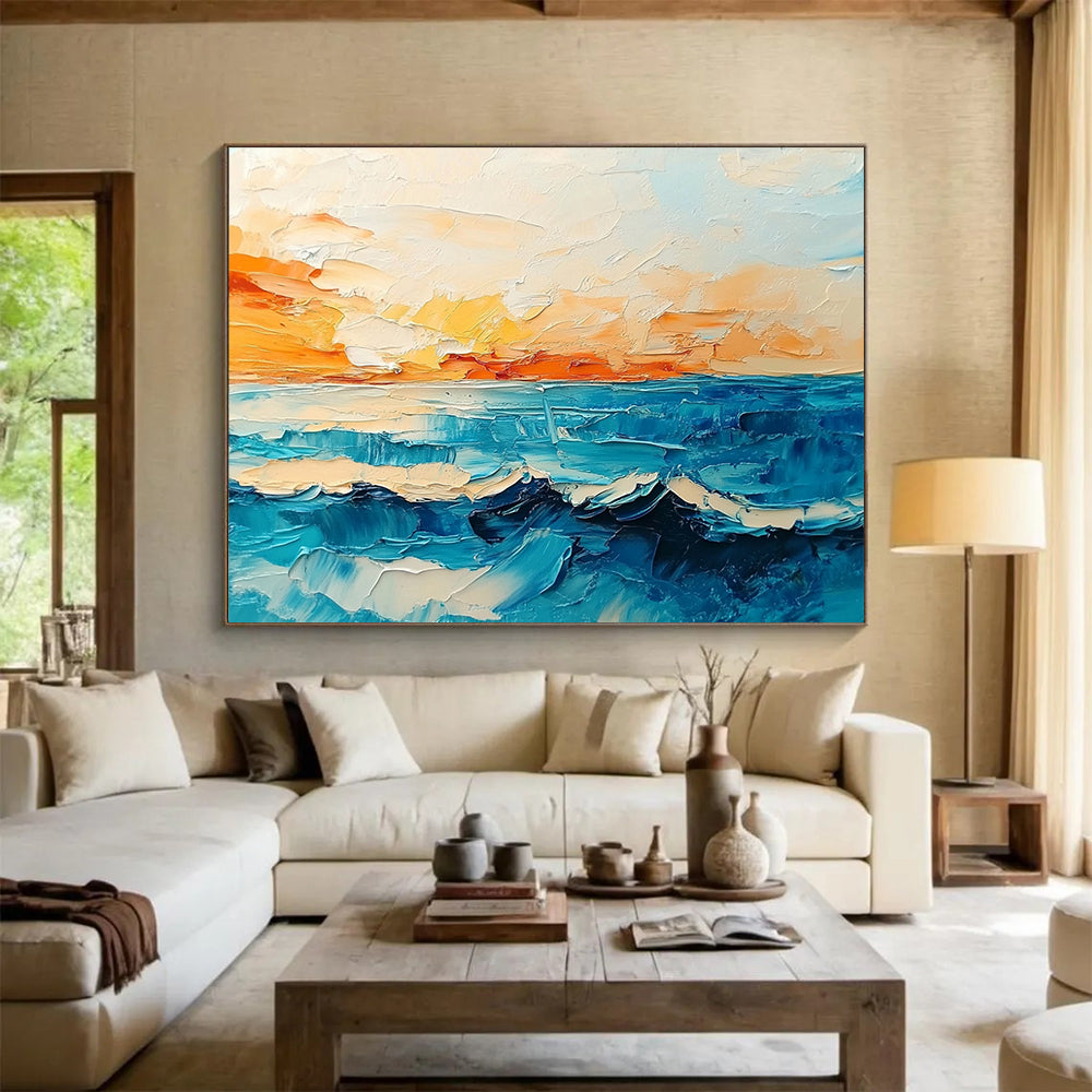 “Sunset Ocean Waves” - Orange, Yellow, Blue, Impasto Seaside Sunset Painting On Canvas HB1029