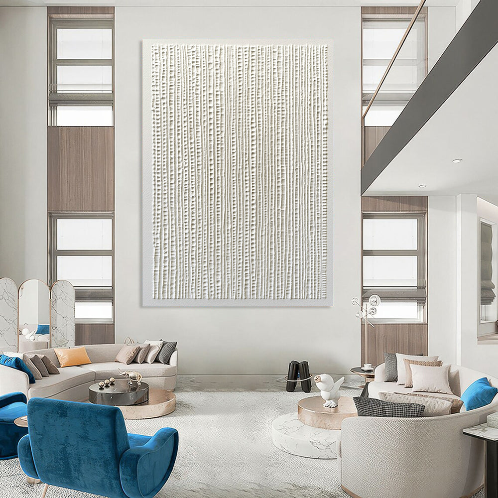 Contemporary abstract painting featuring white paper texture with vertical lines and overlapping gray strokes, creating a serene and minimalist aesthetic. DLZ1747