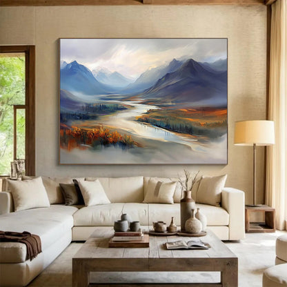 Misty Mountain Valley with River - Ethereal Landscape Painting On Canvas HB0452