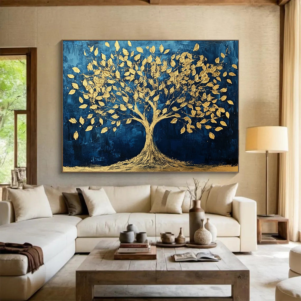 “Golden Tree of Life” - Blue, Gold, Tree Silhouette Painting On Canvas HB0734