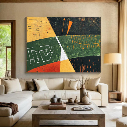 “Geometric Landscape Abstract” - Green, Yellow, Orange, Black, White, Geometric Fields, Symbols - Painting On Canvas HB1445