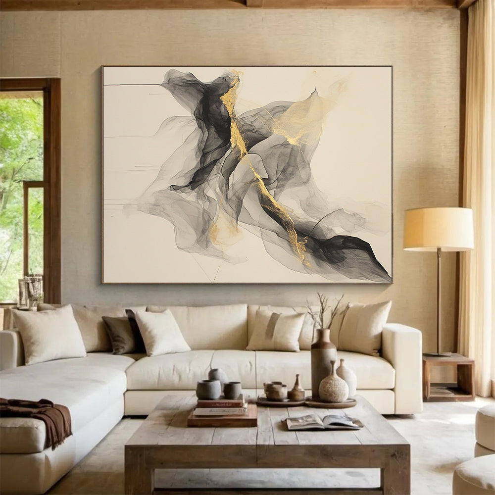 Beige, Gray, Gold, Flowing Shapes "Smoky Allure" Abstract Painting On Canvas HB028