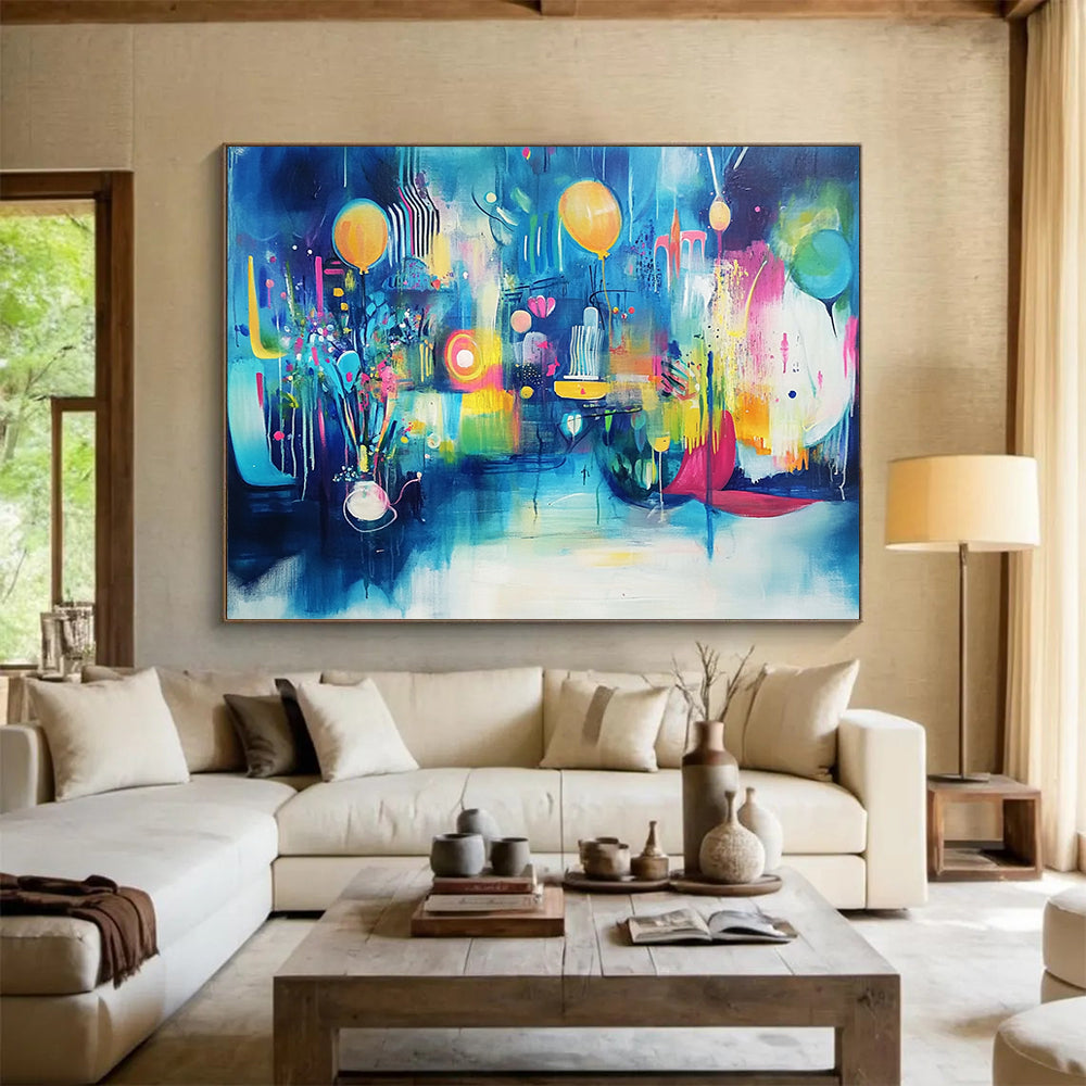 “Vibrant Blue Celebration” - Blue, Yellow, Pink, Abstract Party - Fauvist Acrylic Painting HB1502